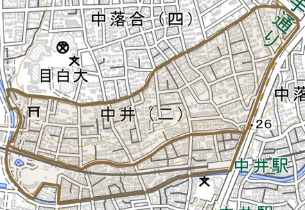 中井とその周辺の地図。町の範囲を重ねている