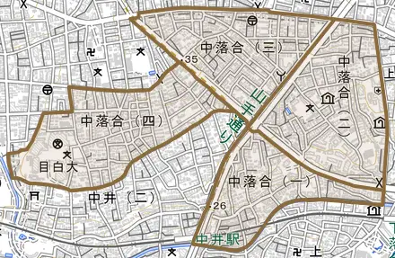 中落合とその周辺の地図。町の範囲を重ねている