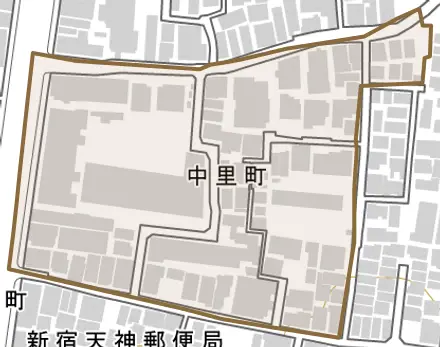 中里町とその周辺の地図。町の範囲を重ねている