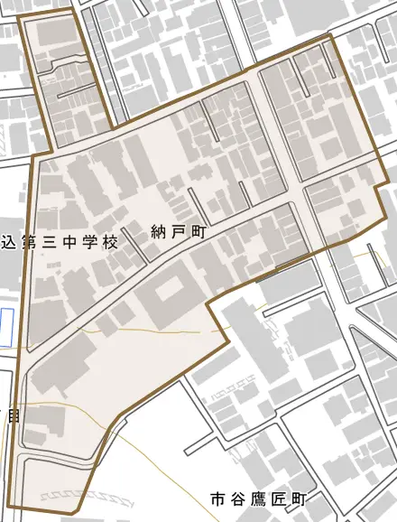 納戸町とその周辺の地図。町の範囲を重ねている