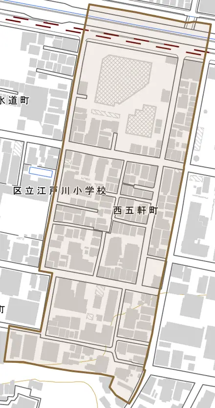 西五軒町とその周辺の地図。町の範囲を重ねている