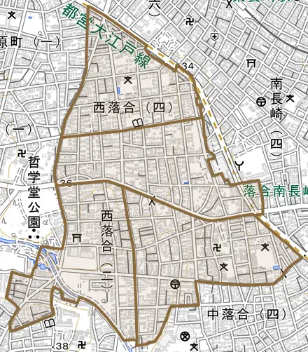 西落合とその周辺の地図。町の範囲を重ねている