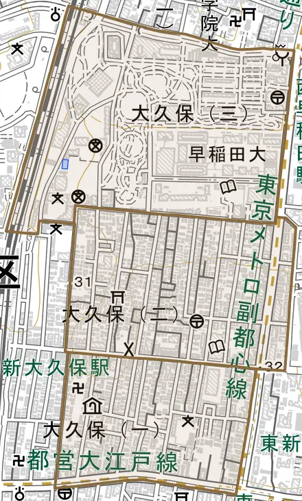 大久保とその周辺の地図。町の範囲を重ねている