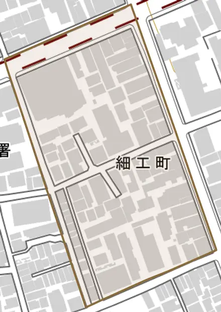 細工町とその周辺の地図。町の範囲を重ねている