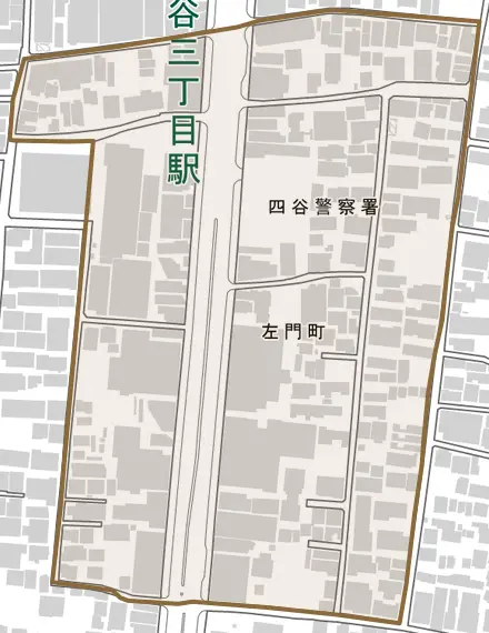 左門町とその周辺の地図。町の範囲を重ねている