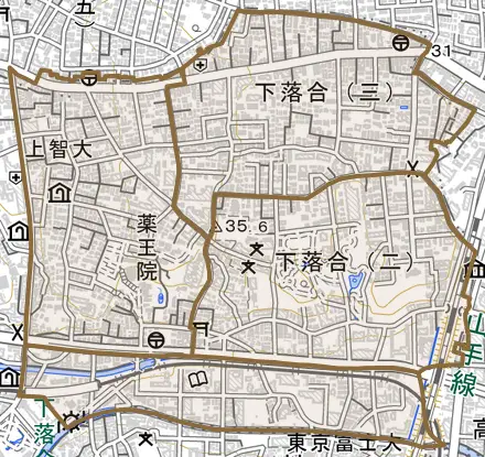 下落合とその周辺の地図。町の範囲を重ねている