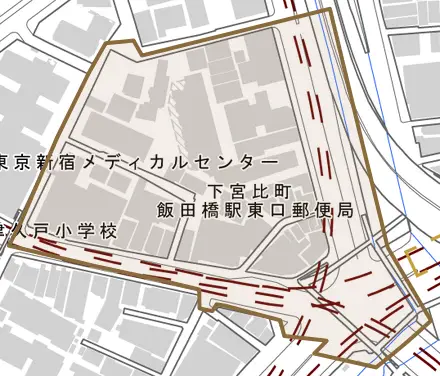 下宮比町とその周辺の地図。町の範囲を重ねている