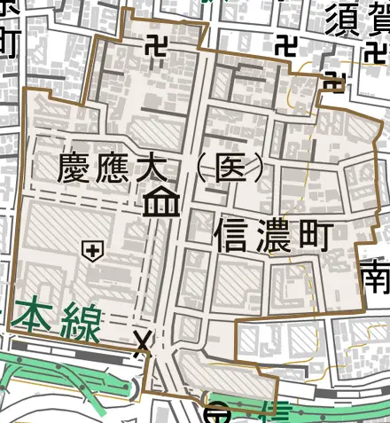 信濃町とその周辺の地図。町の範囲を重ねている