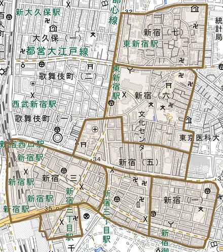 新宿とその周辺の地図。町の範囲を重ねている