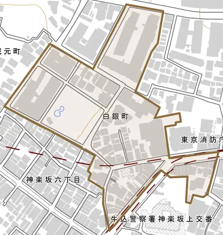 白銀町とその周辺の地図。町の範囲を重ねている