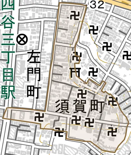 須賀町とその周辺の地図。町の範囲を重ねている