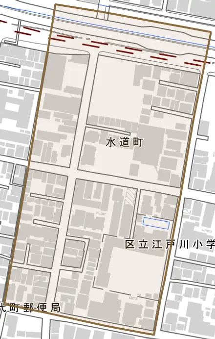 水道町とその周辺の地図。町の範囲を重ねている