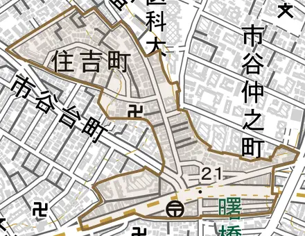 住吉町とその周辺の地図。町の範囲を重ねている
