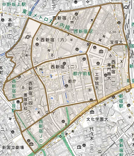 西新宿とその周辺の地図。町の範囲を重ねている
