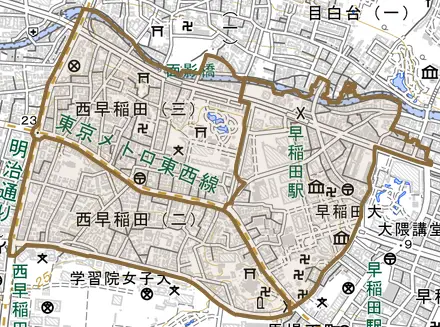 西早稲田とその周辺の地図。町の範囲を重ねている