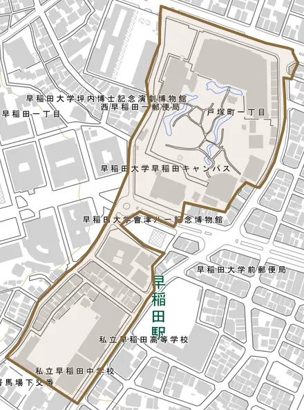 戸塚町とその周辺の地図。町の範囲を重ねている