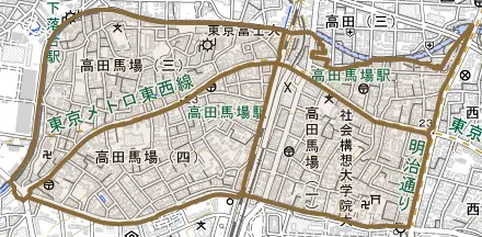 高田馬場とその周辺の地図。町の範囲を重ねている