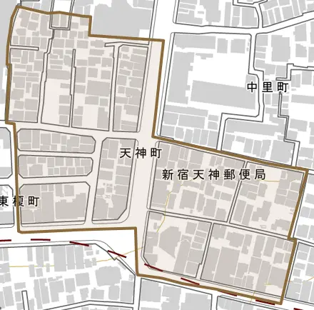 天神町とその周辺の地図。町の範囲を重ねている