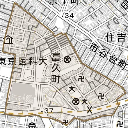 富久町とその周辺の地図。町の範囲を重ねている