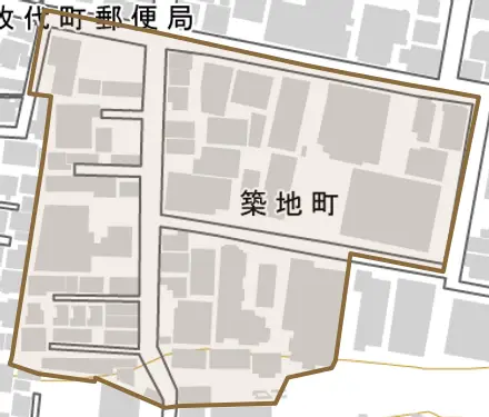 築地町とその周辺の地図。町の範囲を重ねている