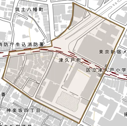 津久戸町とその周辺の地図。町の範囲を重ねている