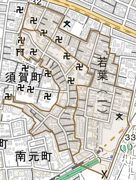 若葉とその周辺の地図。町の範囲を重ねている
