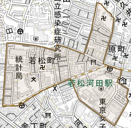 若松町とその周辺の地図。町の範囲を重ねている
