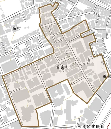 若宮町とその周辺の地図。町の範囲を重ねている