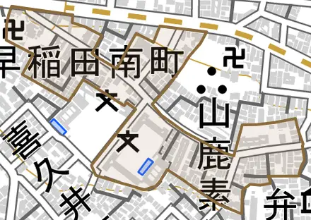 早稲田南町とその周辺の地図。町の範囲を重ねている