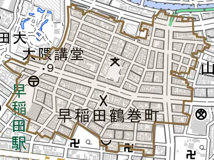 早稲田鶴巻町とその周辺の地図。町の範囲を重ねている