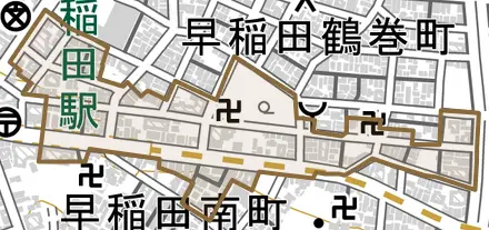 早稲田町とその周辺の地図。町の範囲を重ねている