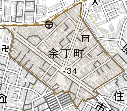 余丁町とその周辺の地図。町の範囲を重ねている