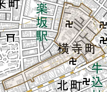 横寺町とその周辺の地図。町の範囲を重ねている