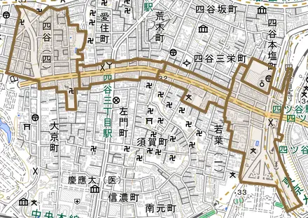 四谷とその周辺の地図。町の範囲を重ねている
