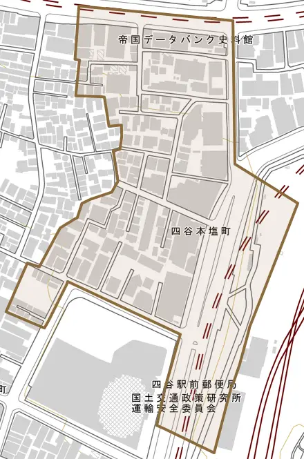 四谷本塩町とその周辺の地図。町の範囲を重ねている