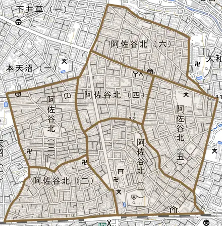 阿佐谷北とその周辺の地図。町の範囲を重ねている