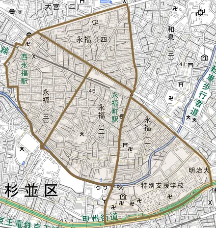 永福とその周辺の地図。町の範囲を重ねている