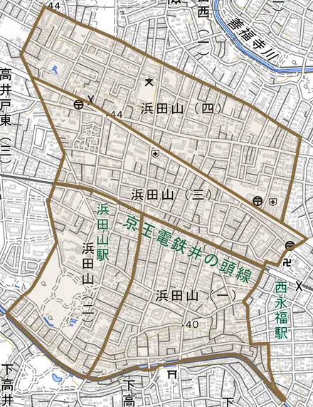 浜田山とその周辺の地図。町の範囲を重ねている