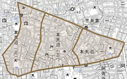 本天沼とその周辺の地図。町の範囲を重ねている