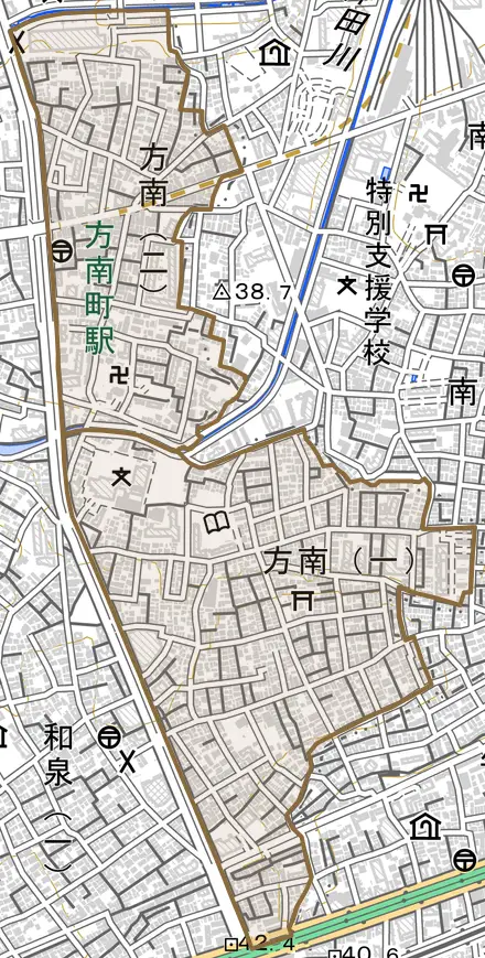方南とその周辺の地図。町の範囲を重ねている
