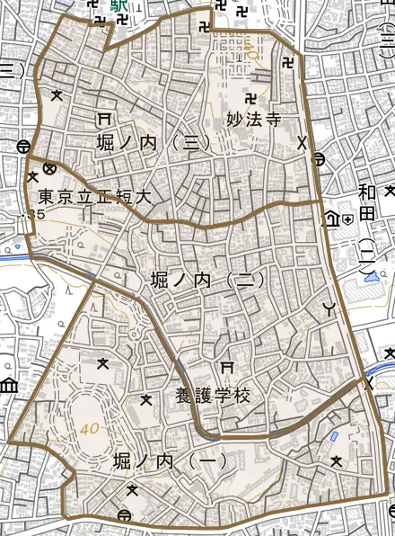 堀ノ内とその周辺の地図。町の範囲を重ねている