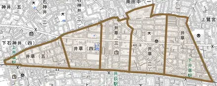 井草とその周辺の地図。町の範囲を重ねている