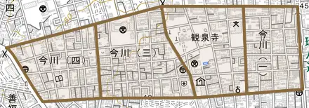 今川とその周辺の地図。町の範囲を重ねている