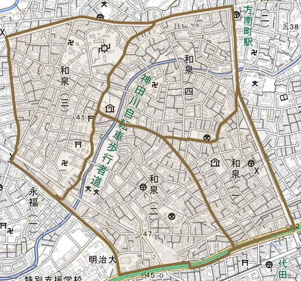 和泉とその周辺の地図。町の範囲を重ねている
