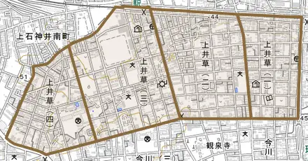 上井草とその周辺の地図。町の範囲を重ねている