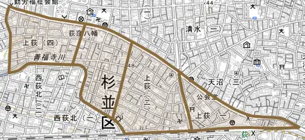 上荻とその周辺の地図。町の範囲を重ねている