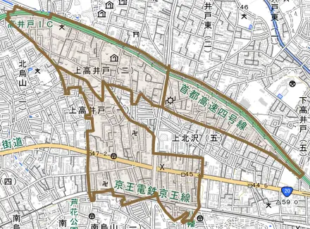 上高井戸とその周辺の地図。町の範囲を重ねている