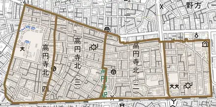 高円寺北とその周辺の地図。町の範囲を重ねている