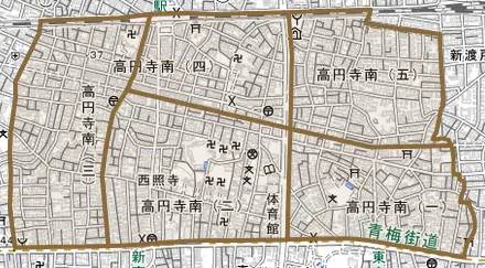高円寺南とその周辺の地図。町の範囲を重ねている