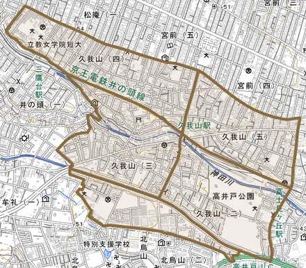 久我山とその周辺の地図。町の範囲を重ねている